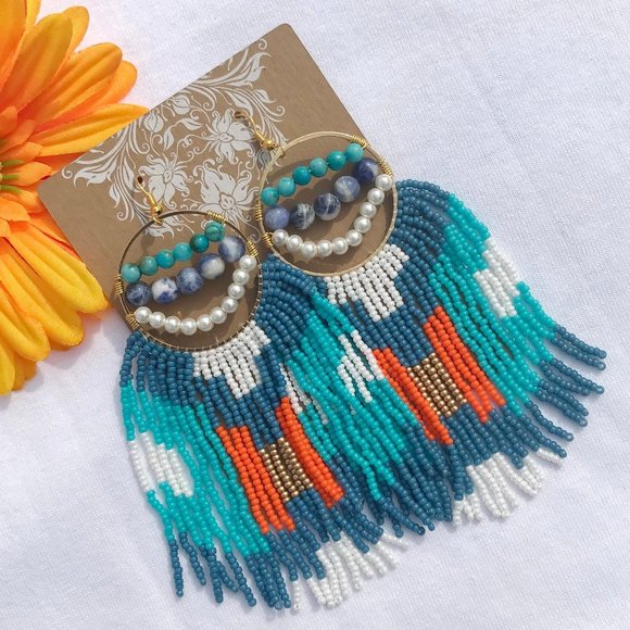 Long Hand Beaded Fringe Earrings Seed Bead Hoop Native Southwest Western Cowboy - Picture 4 of 5